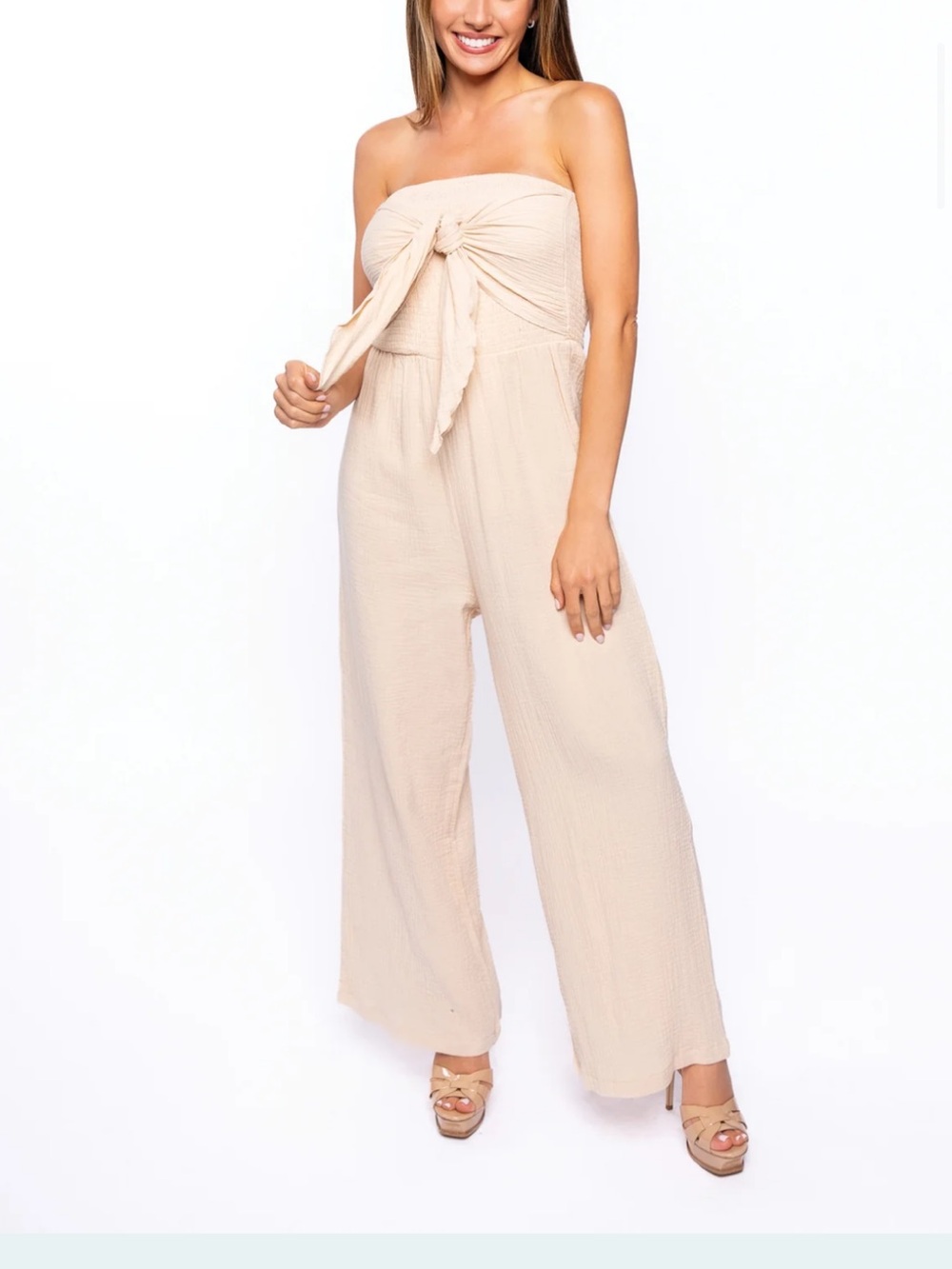 Paradise USA Front Tie Strapless Gauze Wide Leg Romper M Green